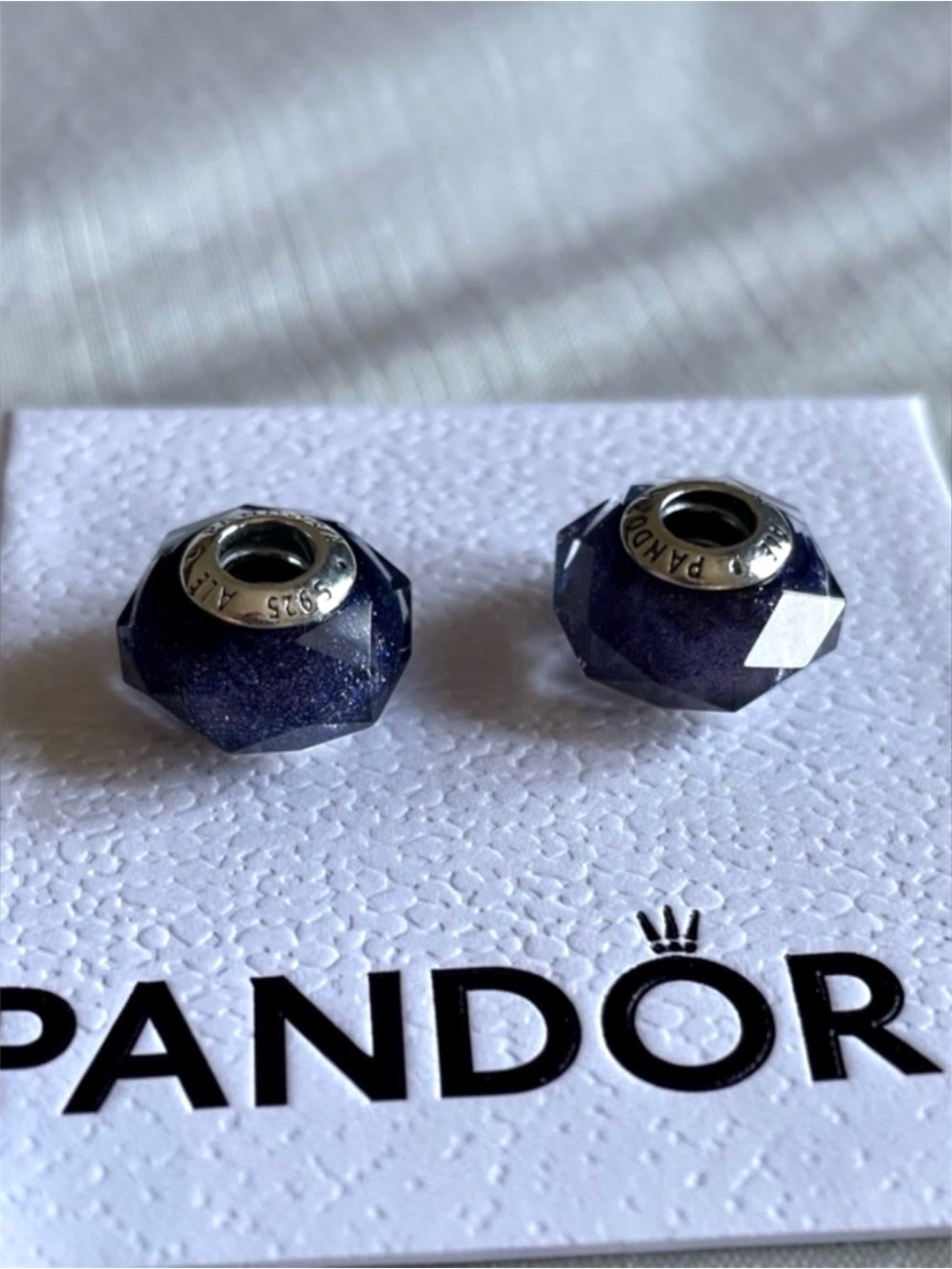 Pandora set of 2 Dark Blue Shimmering Faceted Murano Glass Charm Beads - Pair